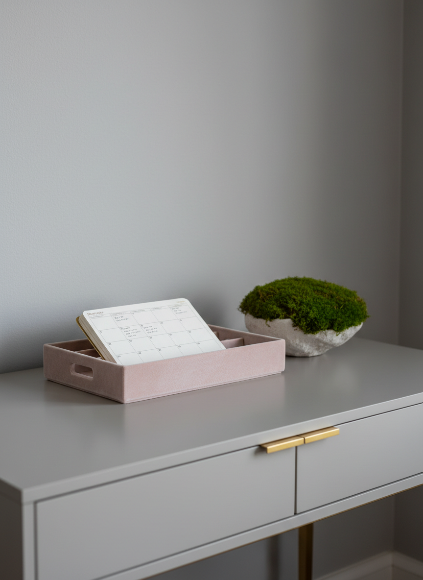 A refined workspace corner showcasing a sleek matte eggshell desk with minimalist brass accents, paired with a pale blush velvet organizer tray, a single open planner with gold-edged pages, and a small white stone planter filled with lush moss. The desk is positioned against a softly textured dove grey wall with subtle gradient shadowing, providing an uncluttered, focused background. Soft, diffused side lighting creates gentle highlights and enhances tactile details of materials. The overall mood is polished and inspiring, emphasizing understated luxury in a professional organizer's environment. Photographed from an angled, close-up perspective with shallow depth of field, the image captures a sophisticated, minimalist aesthetic ideal for a women-owned design and organizing studio.