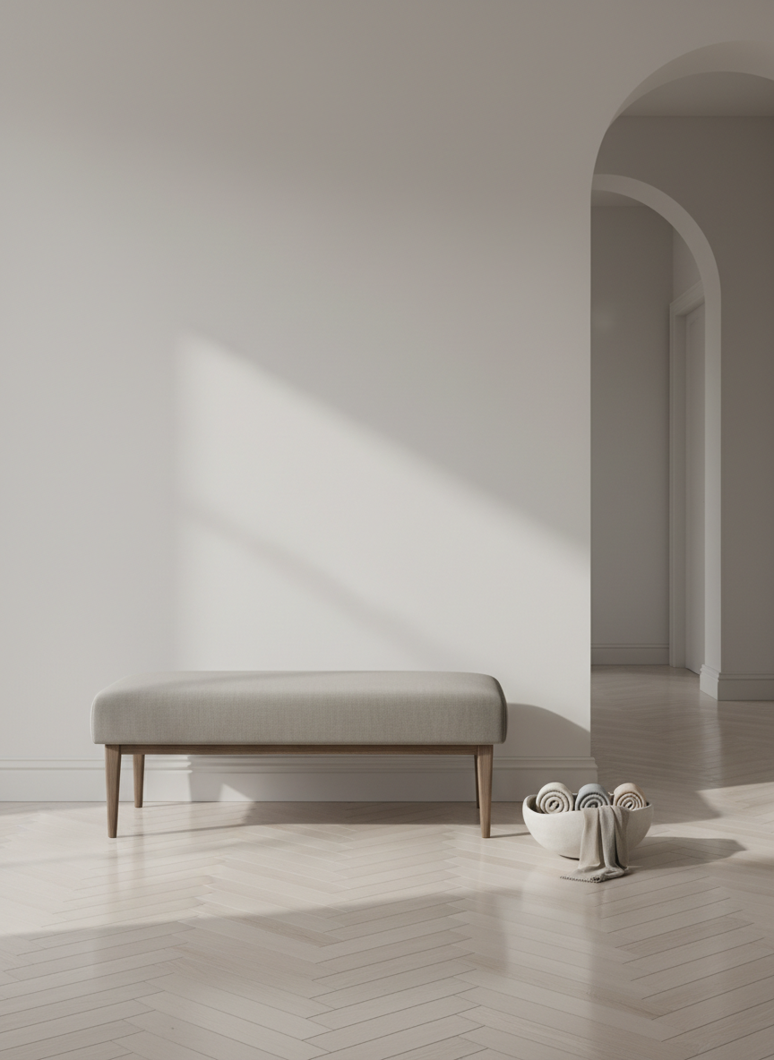 An elegant entryway staging, focused on a muted greige bench with refined linen upholstery and minimal oak legs, placed on a smooth, pale herringbone wood floor. Alongside sits a sculpted matte ceramic bowl containing a few neatly rolled, neutral-toned scarves. The background shows a gentle archway leading towards a softly lit hallway, the walls finished in eggshell white with delicate baseboard detailing. Ambient overcast light streams in from behind, casting a subtle, even glow with soft, delicate shadows. The composition employs rule of thirds with an inviting, balanced frame, conveying a calm, composed, and welcoming first impression emblematic of luxury space planning.