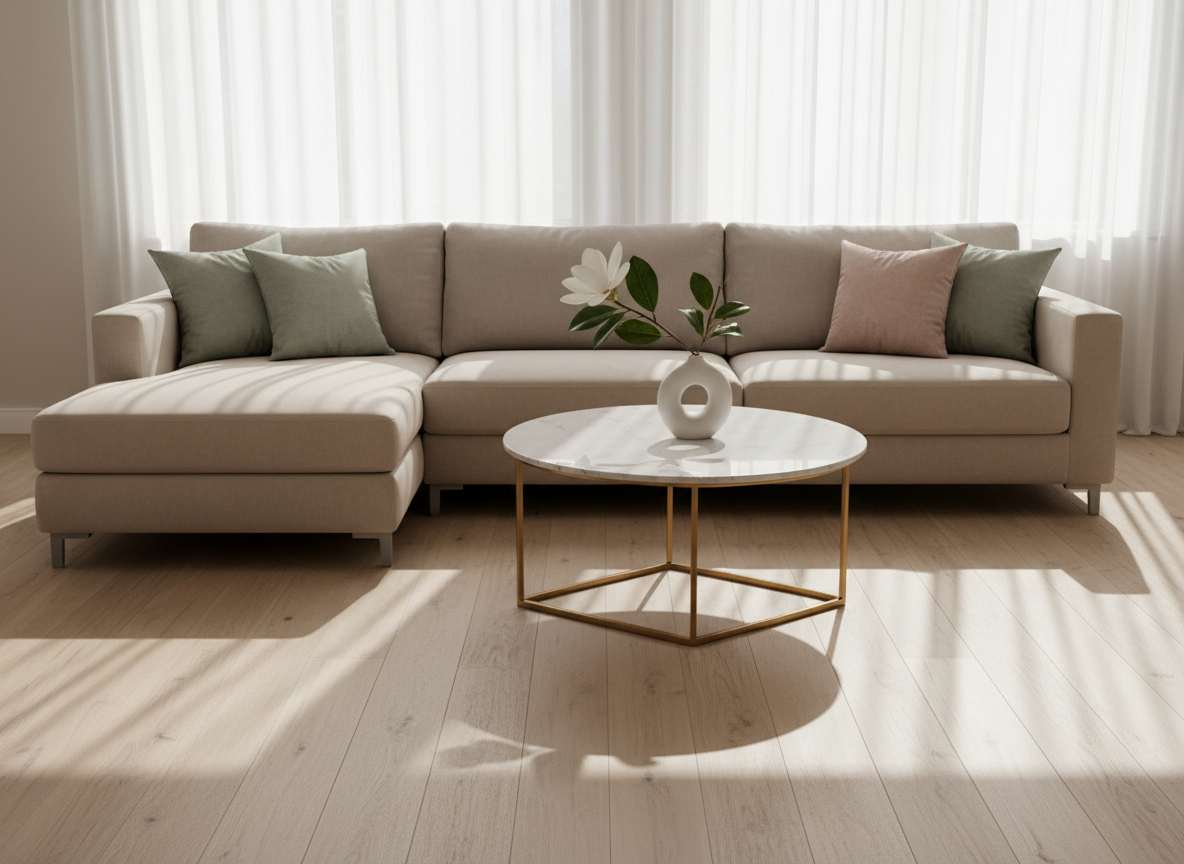 A tastefully styled living room vignette featuring an elegant matte beige sectional sofa with soft linen textures and muted throw pillows in faded sage and blush tones. The sofa is complemented by a refined marble-topped coffee table with a brass geometric frame, adorned with a delicate ceramic vase holding a single magnolia branch. The setting is a serene, open-concept space with pale oak floors and sheer white curtains framing a large window, allowing soft morning sunlight to gently illuminate the scene. The composition utilizes a slightly elevated perspective with balanced negative space, creating an airy, calm mood. Photographic realism and minimalist elegance define the image, perfectly capturing the balance of functionality and beauty for a sophisticated interior design studio homepage.
