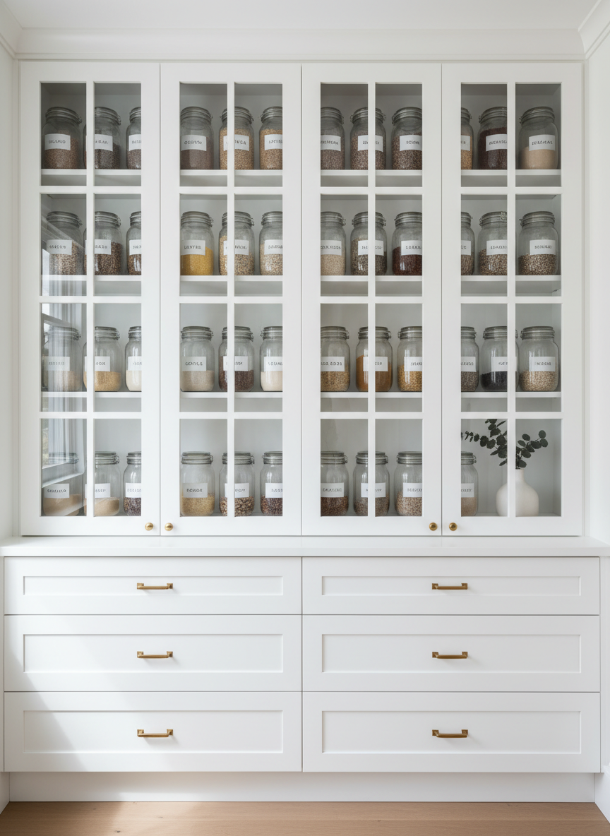 A pristine, organized pantry with custom built-in white cabinetry and frosted glass doors, featuring rows of neatly labeled glass jars filled with grains, legumes, and baking supplies. The shelves are spaced precisely, creating a harmonious and clutter-free arrangement, with subtle brass hardware and clean lines. The environment exudes order and tranquility, with a muted color palette of whites, tans, and gentle greys. Diffused midday natural light streams in from an unseen window, casting gentle, even illumination and minimizing harsh shadows. Shot straight-on at eye level for a sense of order and control, the composition embraces minimalist photographic style, reflecting professional organizing expertise that brings calm to everyday spaces.