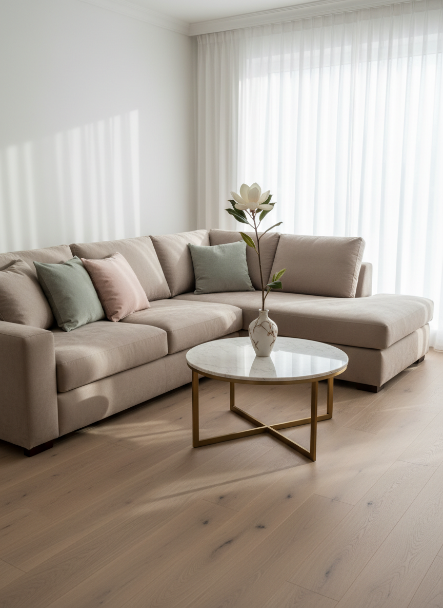 A tastefully styled living room vignette featuring an elegant matte beige sectional sofa with soft linen textures and muted throw pillows in faded sage and blush tones. The sofa is complemented by a refined marble-topped coffee table with a brass geometric frame, adorned with a delicate ceramic vase holding a single magnolia branch. The setting is a serene, open-concept space with pale oak floors and sheer white curtains framing a large window, allowing soft morning sunlight to gently illuminate the scene. The composition utilizes a slightly elevated perspective with balanced negative space, creating an airy, calm mood. Photographic realism and minimalist elegance define the image, perfectly capturing the balance of functionality and beauty for a sophisticated interior design studio homepage.