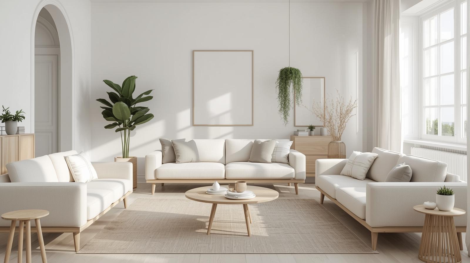 Light-filled neutral living room with white sofa, pale wood accents, and soft textiles styled for a calm, family-friendly interior.